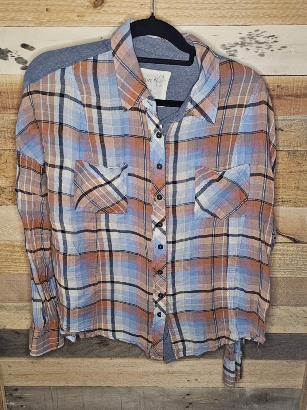 Free People Plaid Button-Down Shirt in Blue & Brown